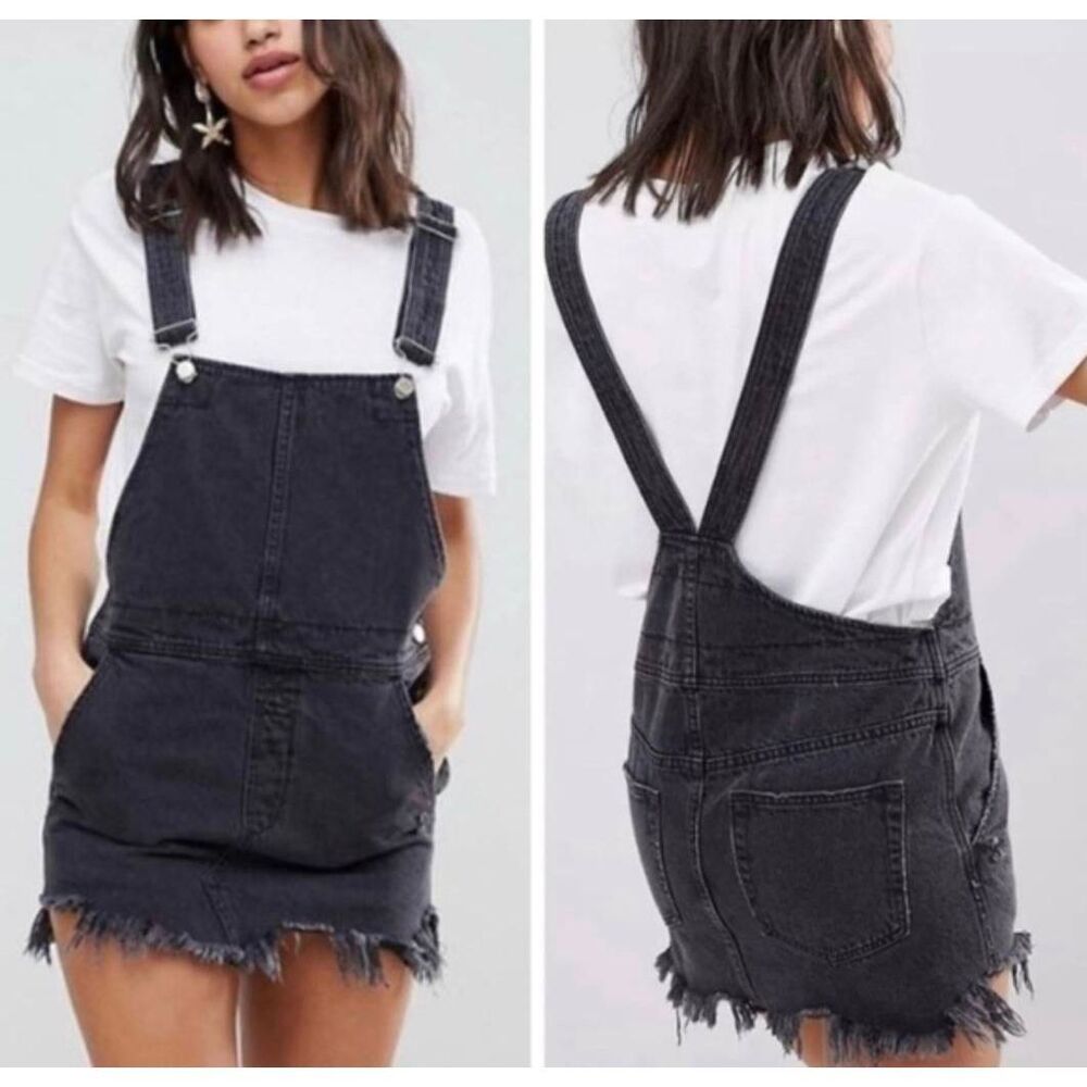 Free People FP Black Washed Denim Overall Bib Mini Dress 0 Festival Femme Indie